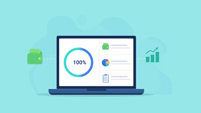 Animated flat vector illustration of a laptop displaying a business finance dashboard with wallet, analytics charts, and financial metrics. Modern financial management, business reporting, and technol