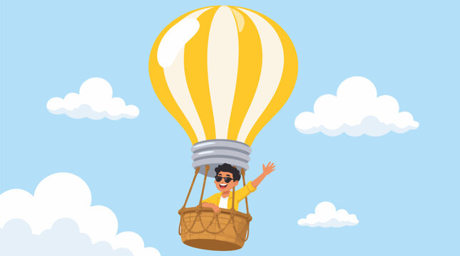 A cheerful young man in a yellow jacket waving from a wicker basket under a giant lightbulb-shaped hot air balloon in a blue sky, representing creativity, big ideas, and entrepreneurial inspiration fo