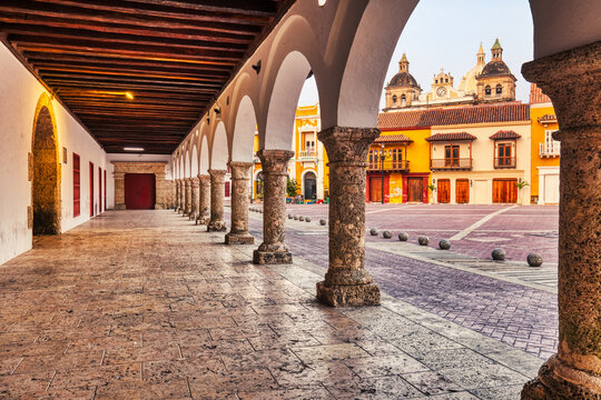 Colonial Arches at Plaza de la Aduana in Cartagena De Indias