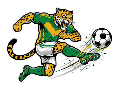 A dynamic illustration of a cheetah playmaker shooting a soccer ball with skill and precision on a field during a sports event.