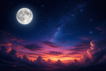 Obraz premium A bright full moon shines over a vibrant, colorful sunset sky filled with stars and the Milky Way.