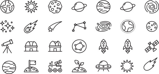 Vector illustration Space and astronomy line icon set with planets rockets telescopes stars and extraterrestrial life. © MstSahida