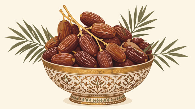 A flat vector illustration of a ceramic bowl generously filled with sweet fresh dates, an Islamic staple food for Ramadan and Eid celebrations, perfect for halal food packaging, Ramadan event graphics