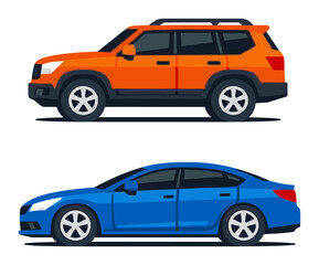 Fototapeta premium Orange SUV contrasts with a blue sedan, showcasing two vehicle types in a clean flat-design illustration