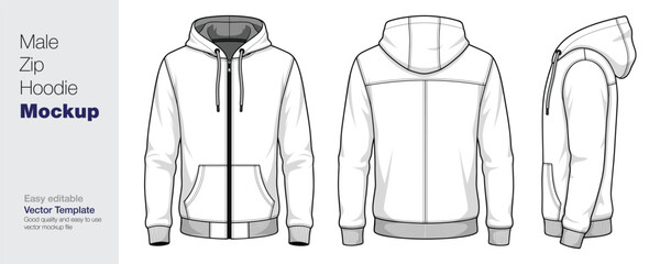 Men's White Zip-Up Hoodie Mockup Vector Template - Front, Back, and Side View © SK design