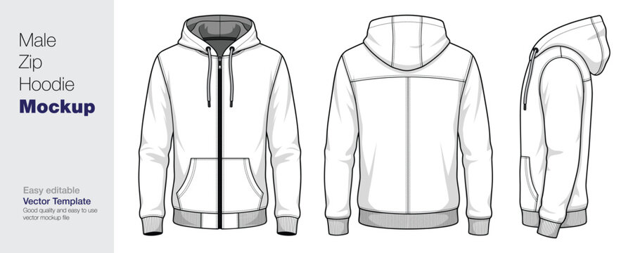 Men's White Zip-Up Hoodie Mockup Vector Template - Front, Back, and Side View