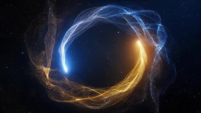 Glowing abstract particles and light waves forming a circular shape in space