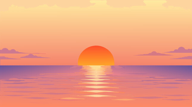 A flat vector illustration of a vivid orange and pink sunset with radiant sunrays descending over a calm reflective purple-toned ocean horizon with soft clouds, ideal for travel brand identity design,