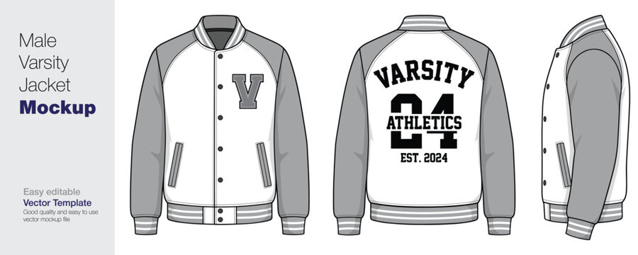 Men's Varsity Jacket Mockup Vector Template - Front, Back, and Side View