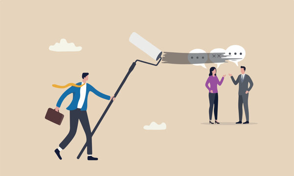 Right mountain government politics concept, mystery man using paint removing or censor woman speech bubble