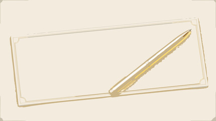 Naklejka premium Blank business check document with a glowing golden ballpoint pen resting diagonally in a flat vector illustration suited for finance and contract signing themes.