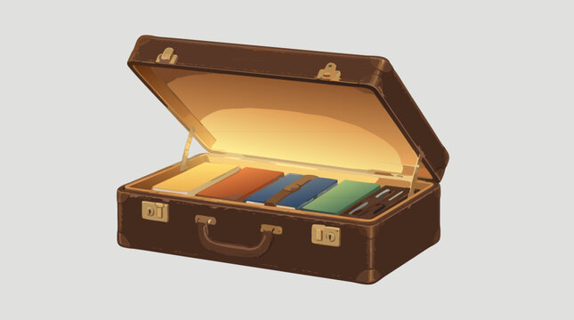 A flat vector illustration of an open vintage brown leather briefcase filled with colorful folders and documents emitting warm golden light from inside, symbolizing knowledge, opportunity, and profess