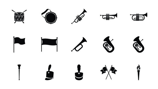 Musical instruments and marching band equipment icons featuring brass horns and drums set.