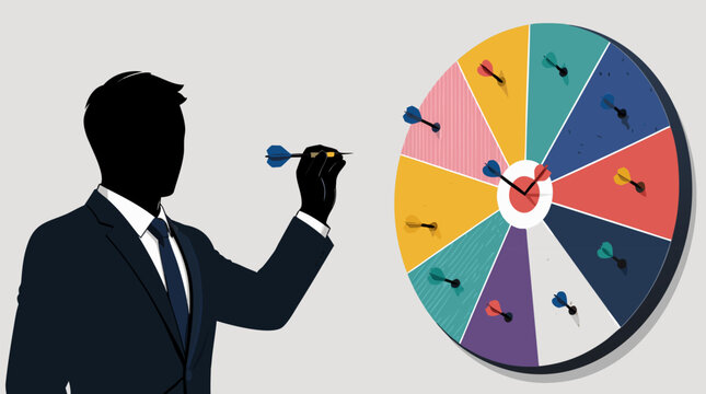 Businessman silhouette throwing a dart at a colorful pie chart dartboard in a flat vector illustration ideal for business strategy and market analysis themes.
