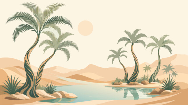Serene desert oasis with tall twisted palm trees reflecting in a still water pool surrounded by golden sand dunes in a flat vector illustration ideal for travel and nature themes.