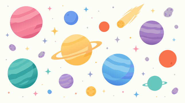 A flat vector illustration of a colorful outer space scene featuring multiple vibrant planets with rings and textured surfaces floating against a light cosmic background, suitable for astronomy educat