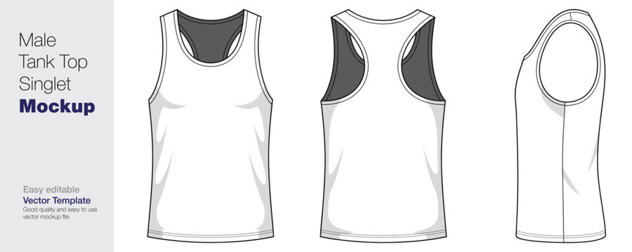 Men's Tank Top Singlet Mockup Vector Template - Front, Back, and Side View