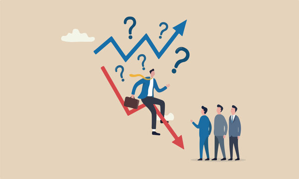 Stagflation economic meeting teams together recession while inflation high up, GDP growth decrease causing by unemployment concept, fearful businessman riding fall down economic graph with inflation