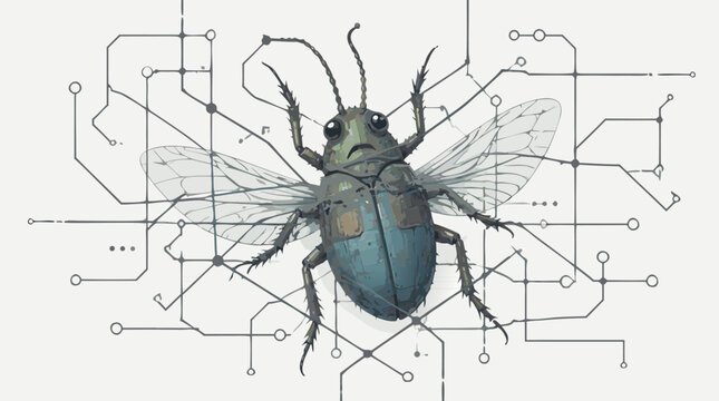 A cartoon bug insect overlaid on a circuit board network diagram symbolizing a software bug in a flat vector illustration perfect for coding debugging and tech themed designs.