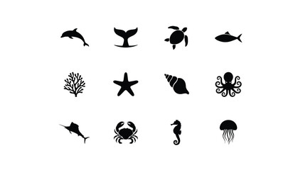 Marine life collection showcasing underwater animals and sea creatures black icon set. © Soma