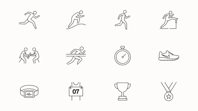 Runner and athletics competition outline icons set showing sport training track events.