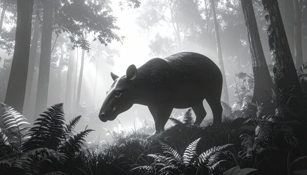 Black and white tapir silhouette in foggy jungle woods