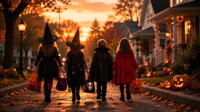 Children in halloween costumes trick or treating down neighborhood street.