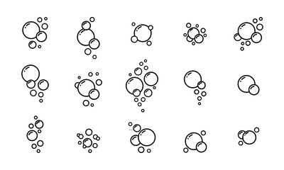 Soap bubbles icon set collection of transparent water foam symbols vector line art illustrations for cleaning hygiene or laundry concept isolated on white background minimalist aquatic bubble motifs. © OFFDESIGN