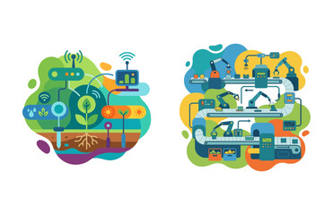 Naklejka premium Smart Agriculture IoT Systems and Automated Robotic Manufacturing Industry Concepts