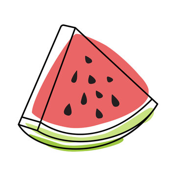Watermelon slice vector illustration delicious summer fruit piece with seeds isolated on white background hand drawn doodle style healthy organic snack flat icon for food design and summer themes.