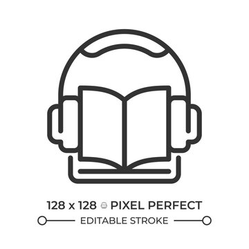 Audio lesson pixel perfect line icon. Listening to audiobook with headphones. Education technology. Isolated vector illustration. Outline symbol. Simple linear drawing. Editable stroke
