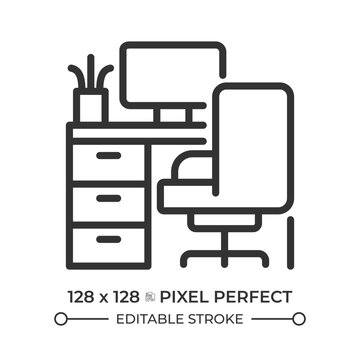 Workspace pixel perfect line icon. Office desk with computer and chair. Arranged workplace for employee. Isolated vector illustration. Outline symbol. Simple linear drawing. Editable stroke