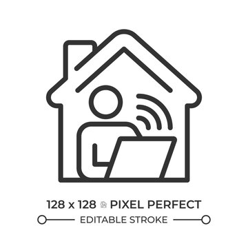 Work from home pixel perfect line icon. Person with laptop using domestic wi fi. Online job communication. Isolated vector illustration. Outline symbol. Simple linear drawing. Editable stroke