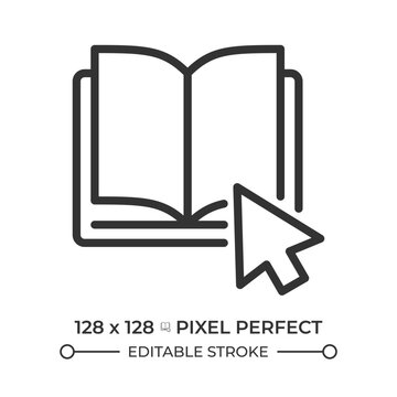 Digital library pixel perfect line icon. Clicking book to read online. Online learning sources. Education website. Isolated vector illustration. Outline symbol. Simple linear drawing. Editable stroke