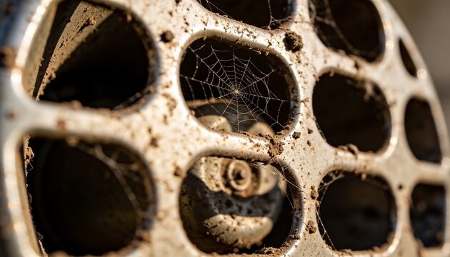 Showing round perforated metal grate with spider web and dust-covered bolt at ground-level vent