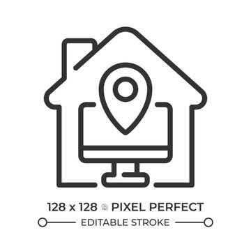 Home office pixel perfect line icon. Computer located in employee residence. Remote workplace equipment. Isolated vector illustration. Outline symbol. Simple linear drawing. Editable stroke