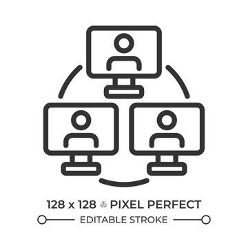 Online collaboration pixel perfect line icon. Digital connection of team. Communication network maintaining. Isolated vector illustration. Outline symbol. Simple linear drawing. Editable stroke