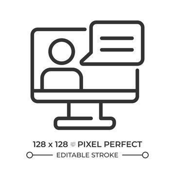 Webinar pixel perfect line icon. Teacher conducting online lesson. Watching video tutorial. E learning technology. Isolated vector illustration. Outline symbol. Simple linear drawing. Editable stroke