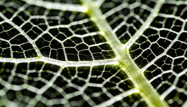 Showing macro green leaf section revealing translucent midrib and vein network, dark background
