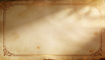 Fototapeta premium Displaying aged parchment showing texture, stains and warm bokeh in studio, gold filigree border