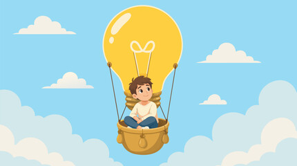 Naklejka premium A person riding in a basket suspended beneath a giant glowing lightbulb that floats like a hot air balloon as a creative flat vector illustration.