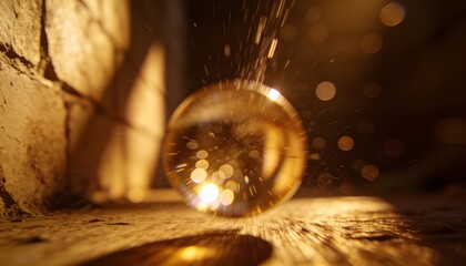 Obraz premium Refracting clear glass sphere concentrating warm light on worn wooden surface, cracked wall, dust
