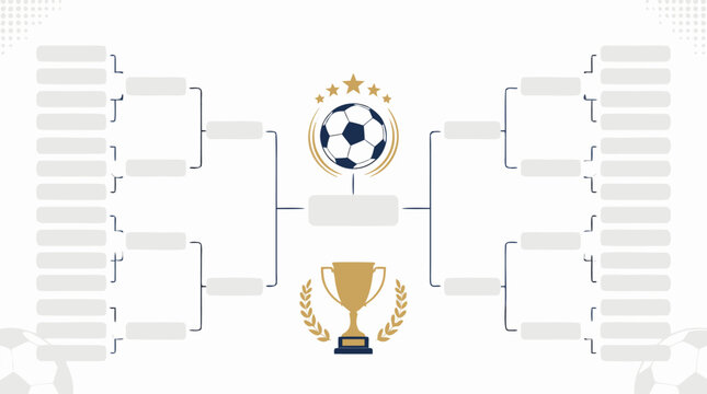 Soccer tournament bracket layout with golden trophy and ball for championship competition scheduling and sports event planning flat vector illustration