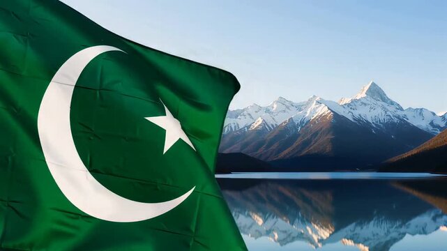 Pakistan national flag waving gracefully in the wind against a breathtaking backdrop of majestic snow capped mountain peaks and a serene reflective lake in this high quality digital animation motion c