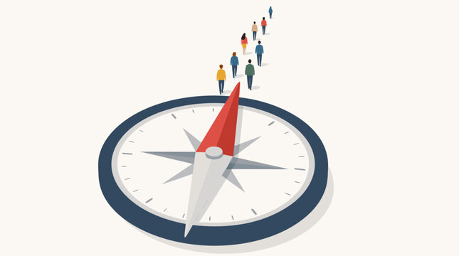 Giant compass pointing north with tiny people following the direction symbolizing guidance leadership navigation and finding the right path in life or business flat vector illustration
