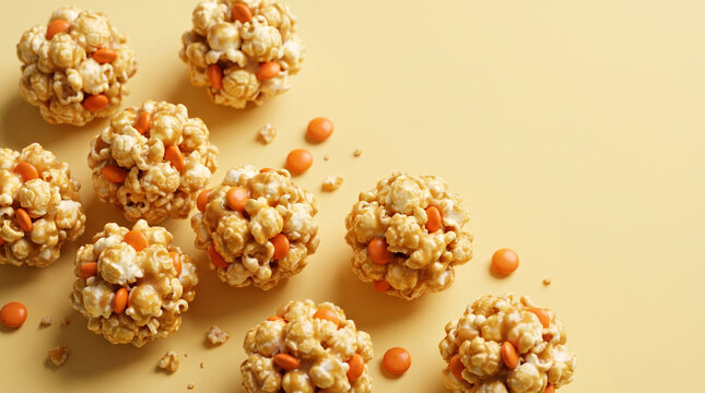 Gourmet caramel popcorn balls with orange candy pieces arranged on a smooth light yellow background