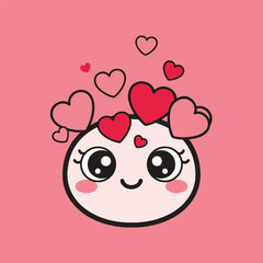 Naklejka premium A cute cartoon character with large eyes surrounded by floating red and pink hearts.