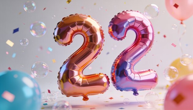 Shining metallic foil 2 balloons floating above table in studio, confetti, bubbles, latex balloons