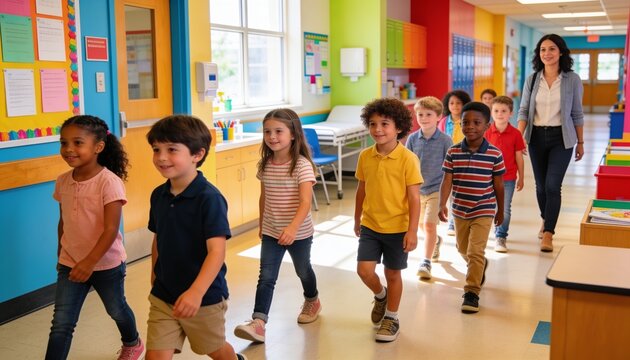 Walking elementary students wearing sneakers with teacher following down school hall past lockers