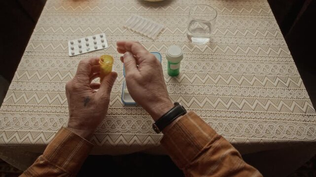 Top view of senior hands sorting pills from prescription bottles into weekly organizer box. Clip is perfect for healthcare, senior care, and medical adherence commercials